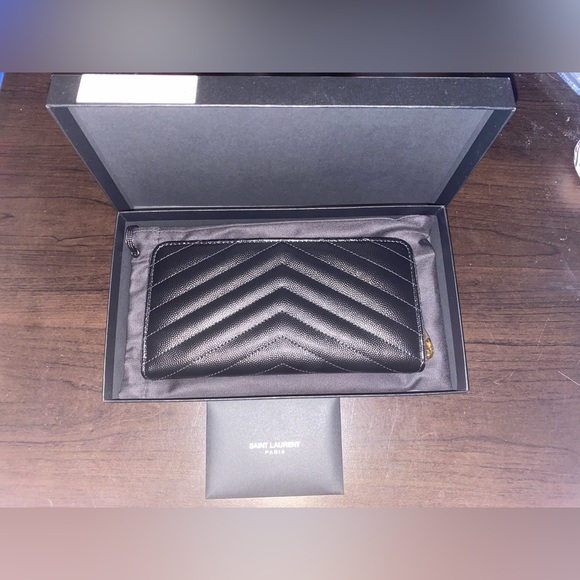 NWT YSL BLACK Monogram Grain De Poudre Zip-Around Wallet - Picture 10 of 12